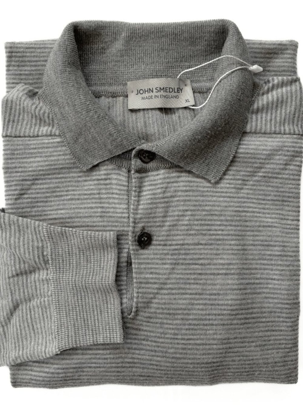 John Smedley Wool Lockton Striped Long Sleeve Polo Shirt England XL X-Large Gray